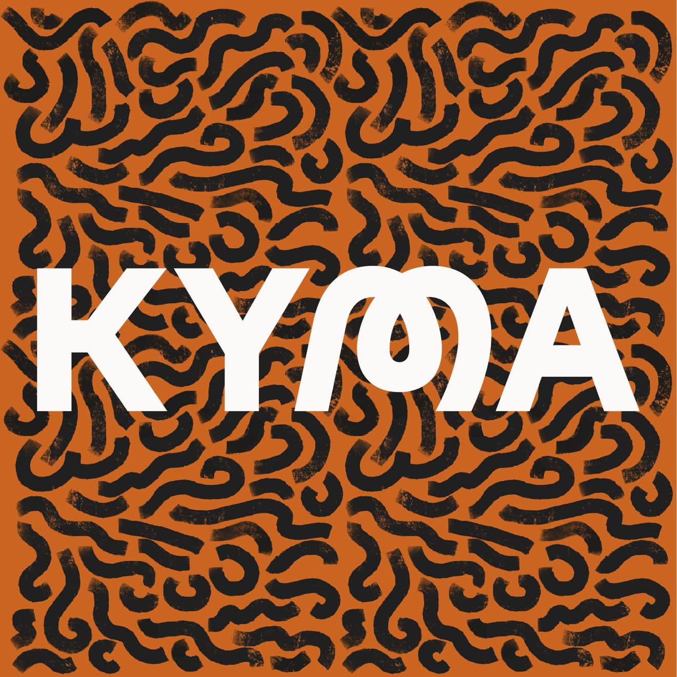 The KYMA logo on Kyma's orange brand pattern